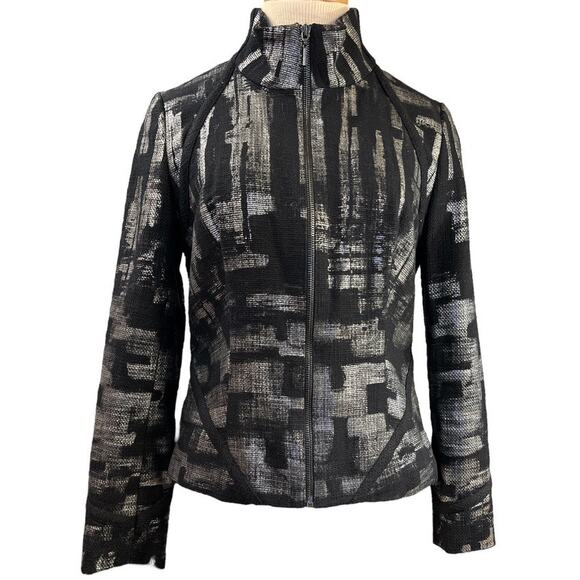 Kay Unger New York Zip Front Blazer Jacket Size 6 Black Silver Metallic Unique - Picture 1 of 12